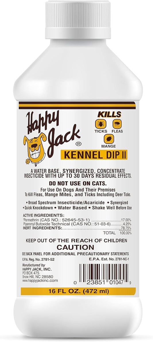 Kennel Dip II 16 fl oz bottle for dogs, kills fleas, ticks, and mange mites, insecticide label