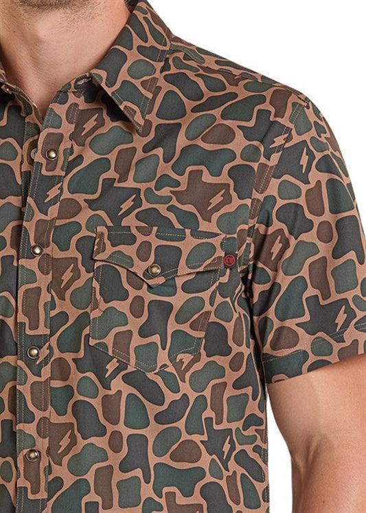 Camouflage patterned shirt worn by a person on a white background