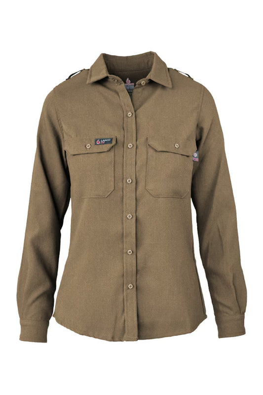 Khaki button down FR shirt, with LAPCO FR label on pocket, on white background.