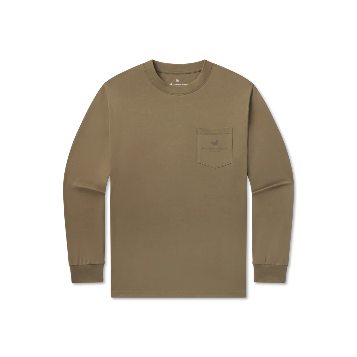 Khaki long sleeve crewneck t-shirt with chest pocket, minimalist outdoor style