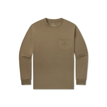 Khaki long sleeve crewneck t-shirt with chest pocket, minimalist outdoor style