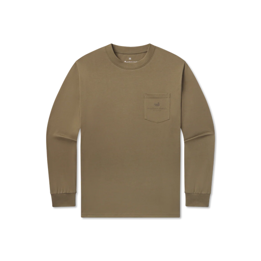 Khaki long sleeve crewneck t-shirt with chest pocket, minimalist outdoor style