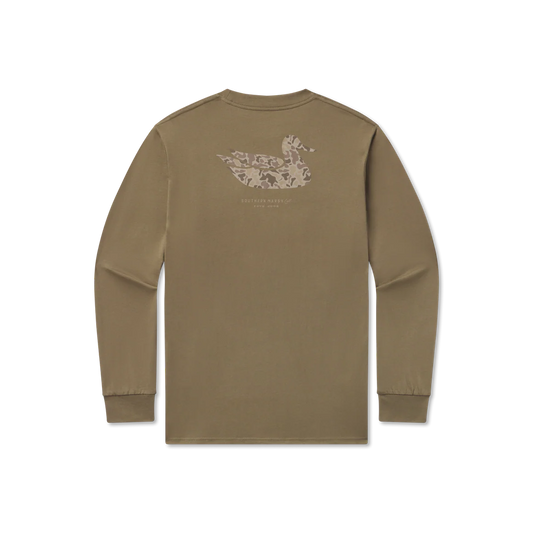 Khaki long sleeve shirt with camouflage duck graphic on back, outdoor apparel