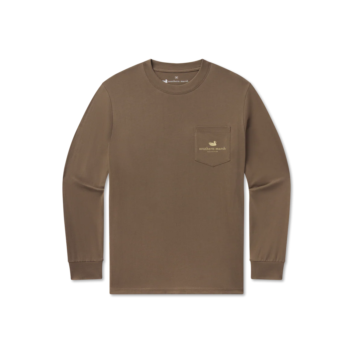 Brown long sleeve crewneck shirt with chest pocket and subtle logo print