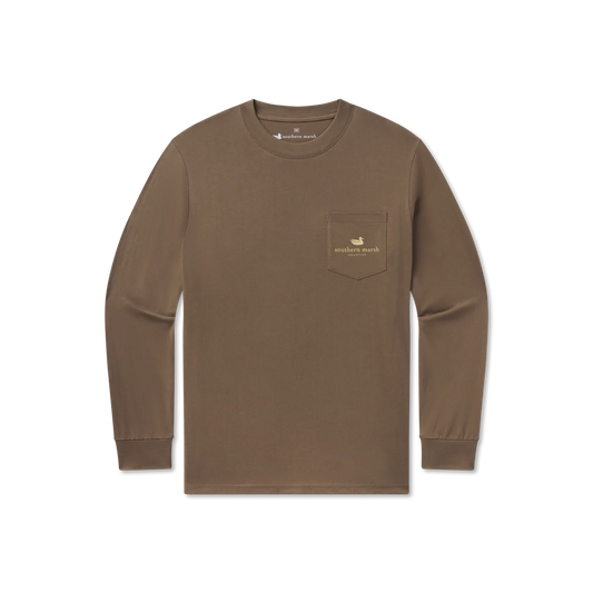 Brown long sleeve crewneck shirt with chest pocket and subtle logo print