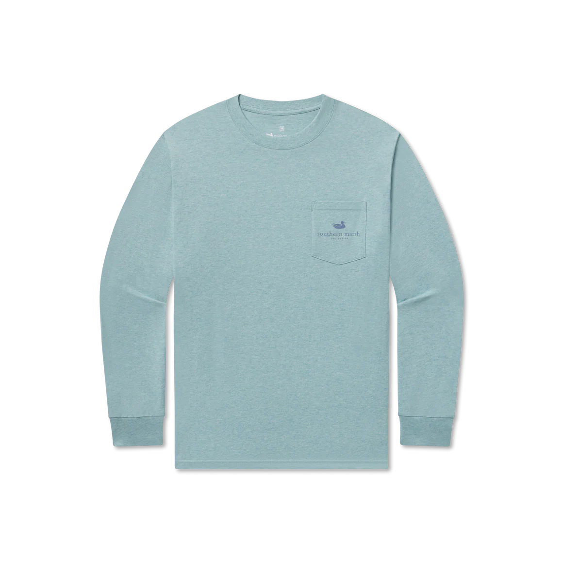 Light blue long sleeve crewneck shirt with front chest pocket and graphic logo.