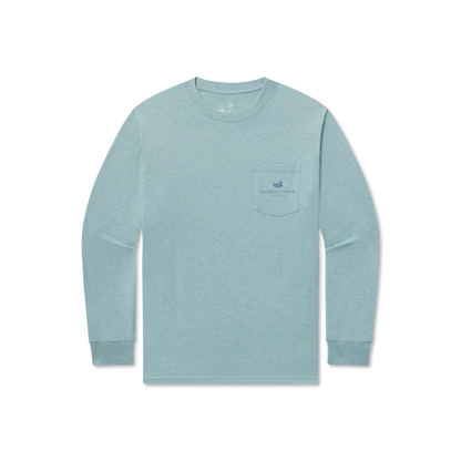 Light blue long sleeve crewneck shirt with front chest pocket and graphic logo.