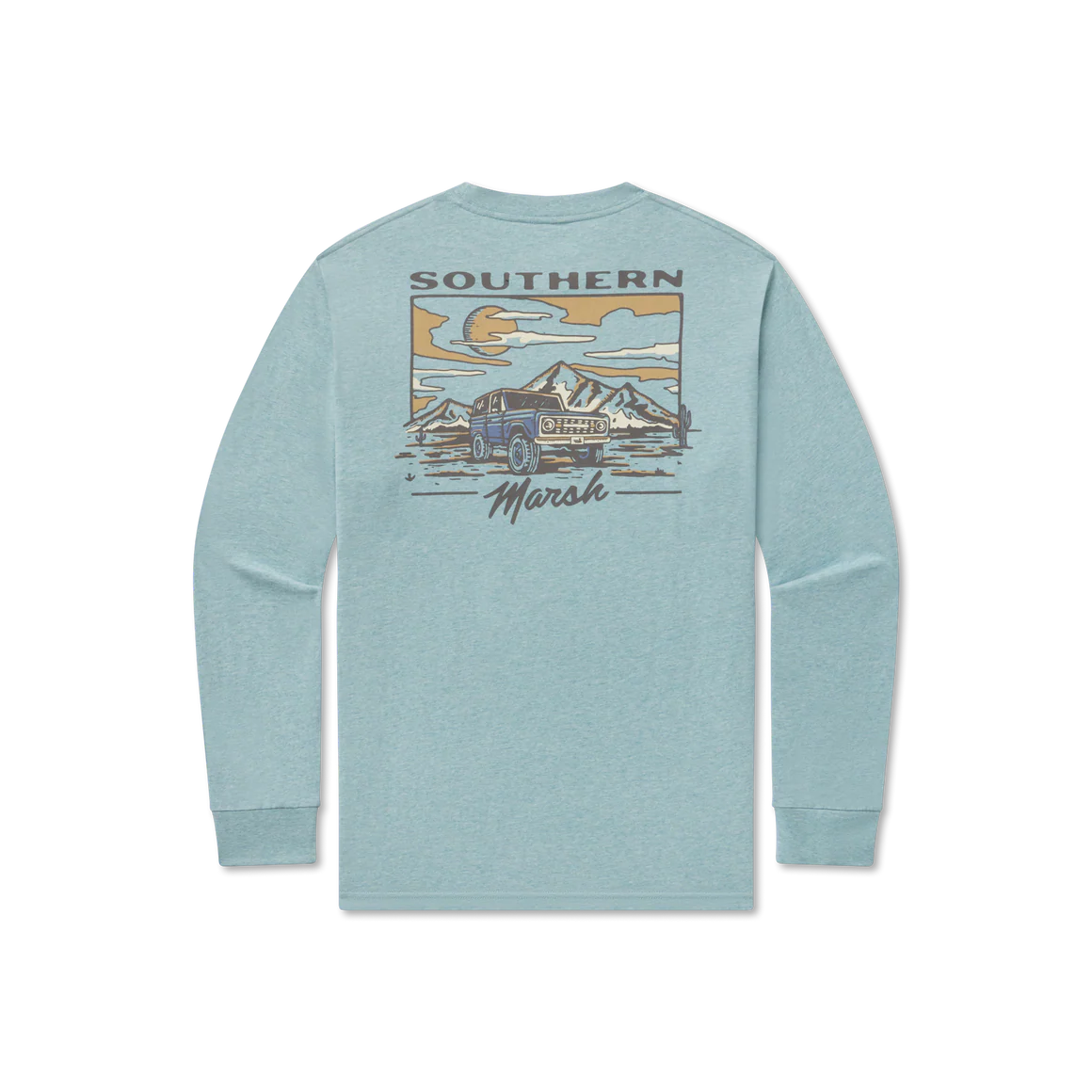 Light blue long sleeve shirt with vintage SUV and mountain graphic on the back