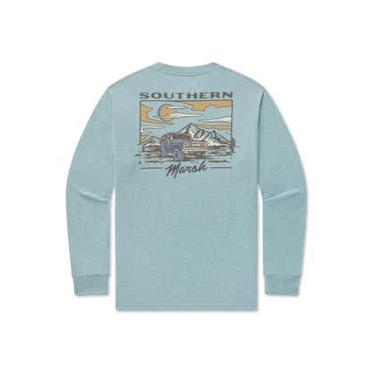 Light blue long sleeve shirt with vintage SUV and mountain graphic on the back