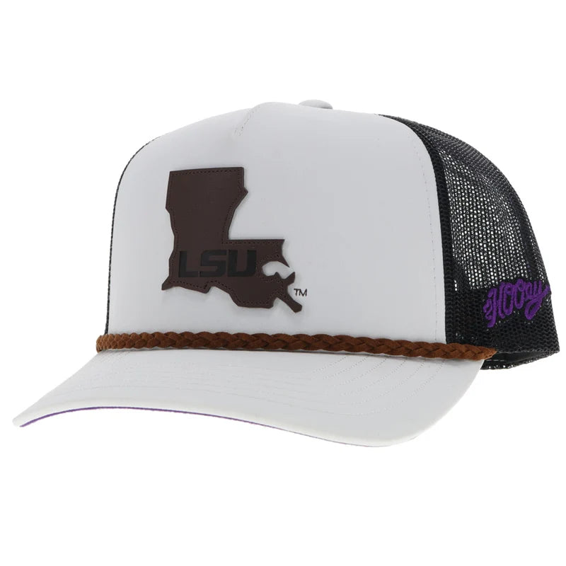 A white and black LSU trucker hat with a brown braided rope detail across the brim and a purple 'Gotta Go' script on the side mesh.
