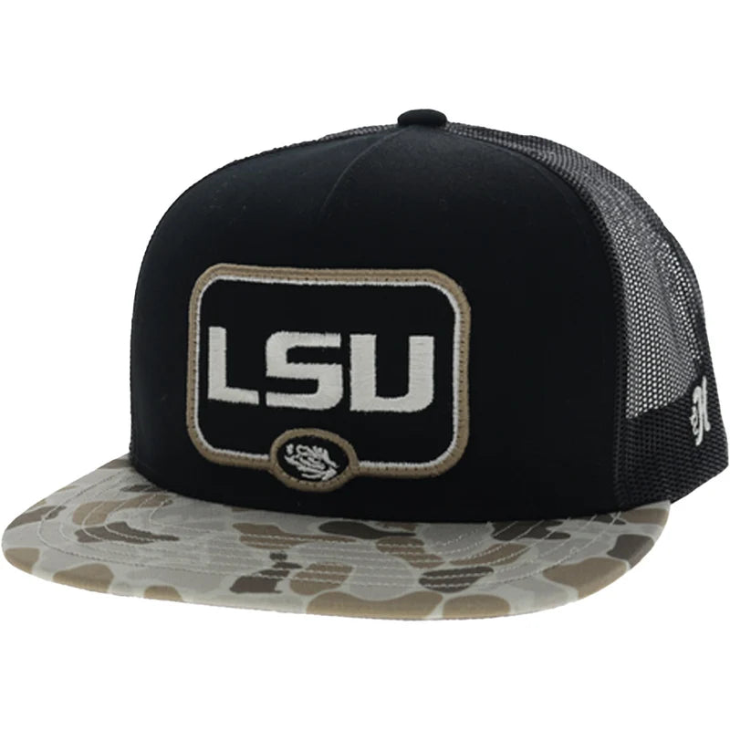Black and camouflage trucker hat with LSU logo on a white background
