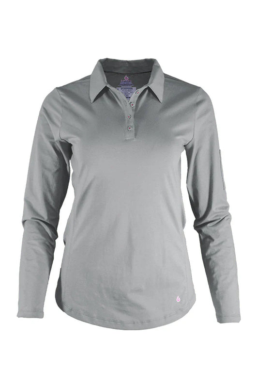 Women’s grey long sleeve FR polo shirt with collar and front buttons, 93/7 blend knit
