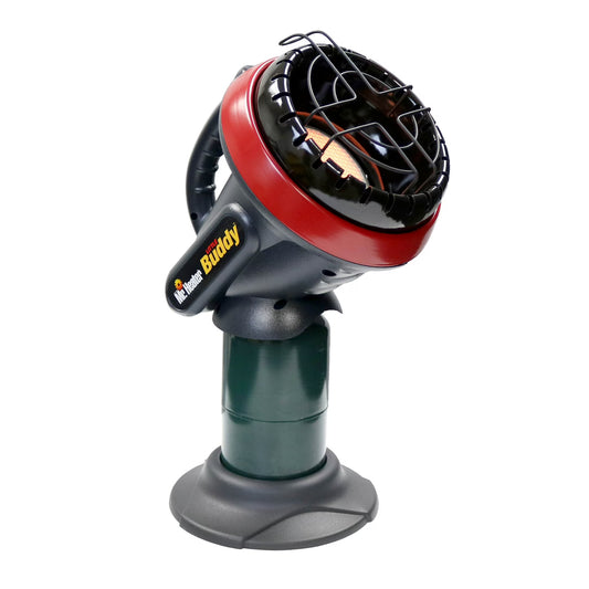 Portable propane heater with protective grill and red accents for camping or outdoor use