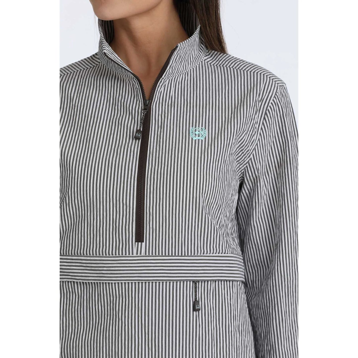 Long sleeve
Striped 
Half Zip 
Gray and white 
