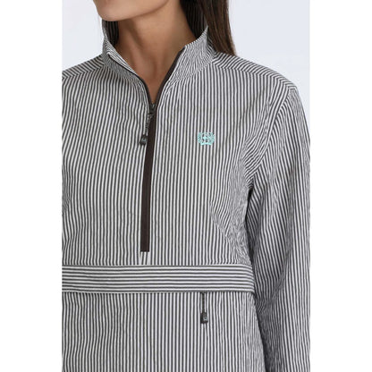 Long sleeve
Striped 
Half Zip 
Gray and white 