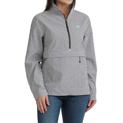 Long sleeve
Striped 
Half Zip 
Gray and white 