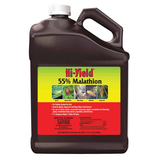 Hi-Yield 55% Malathion insecticide one-gallon jug with label showing pest control uses