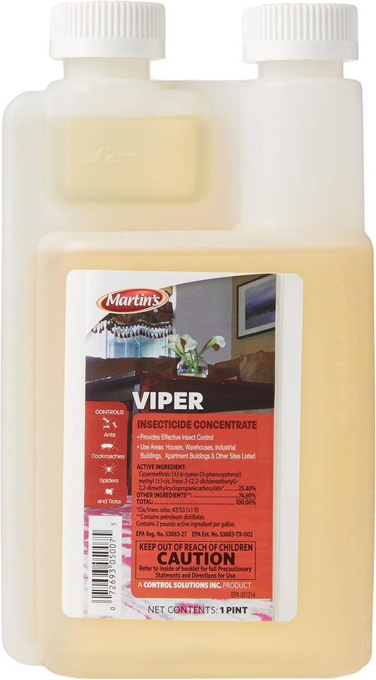 Viper insecticide concentrate 1 pint plastic bottle with dual measuring chambers.