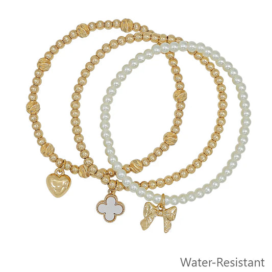 Water Resistant Set of 3 Pearl and Clover Charm Stretch Bracelets