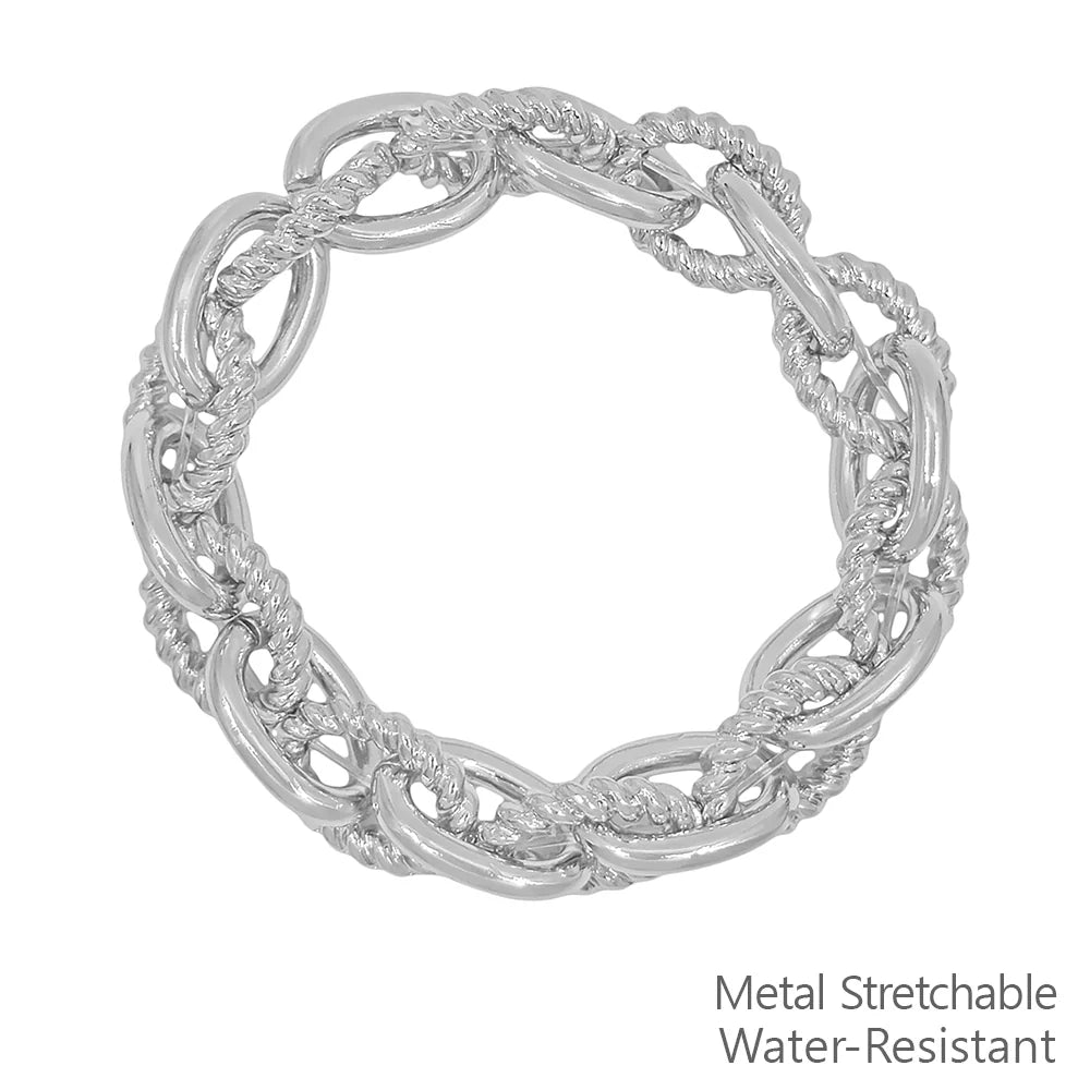 Silver metal stretchable bracelet on a white background