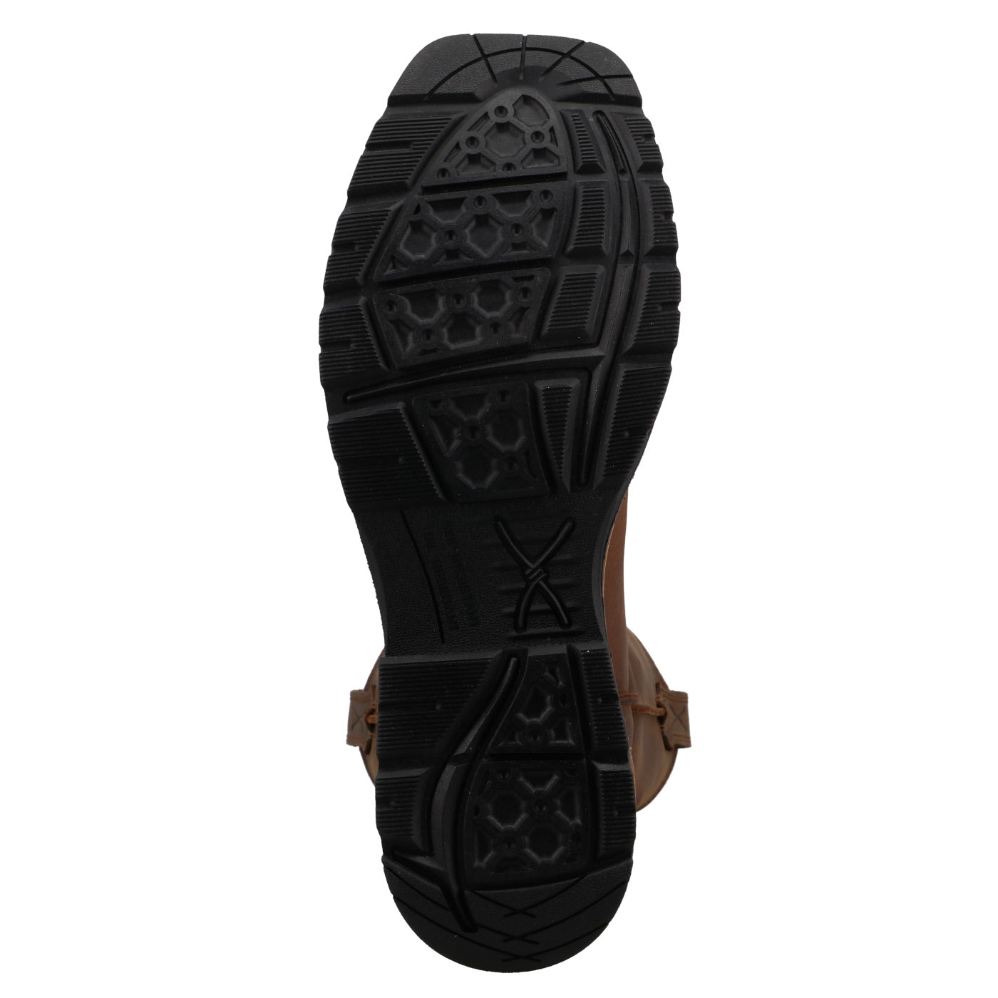 Close-up of a brown sandal sole with black tread pattern on a white background
