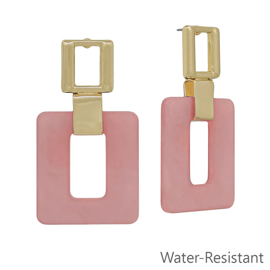 Gold and pink geometric rectangle dangle earrings, water-resistant finish