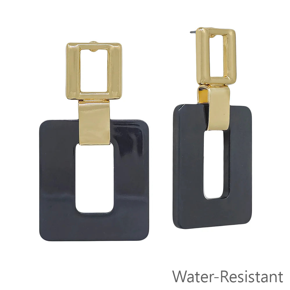 Geometric black and gold rectangular drop earrings, water-resistant jewelry.