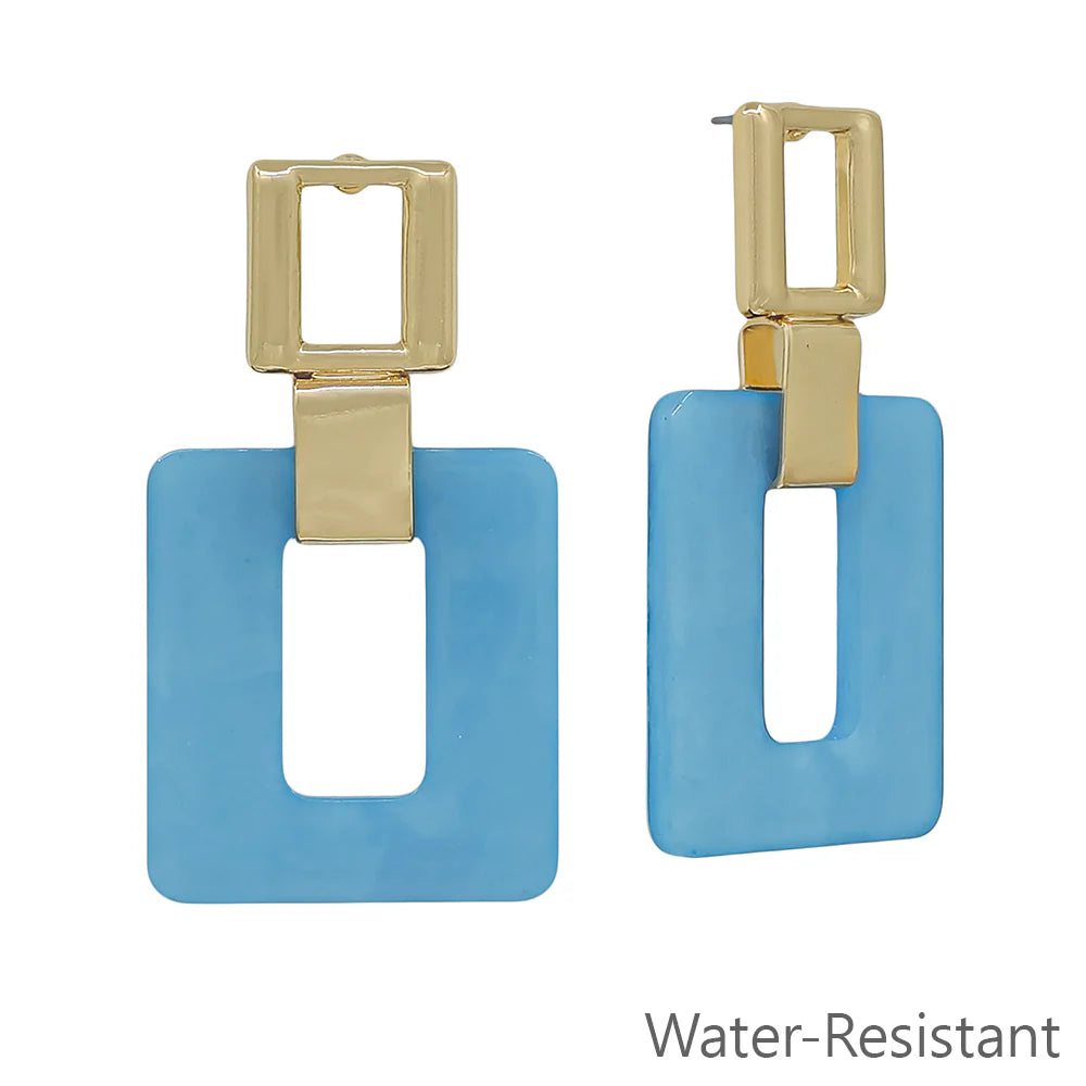 Gold and blue rectangular geometric statement earrings, water-resistant design