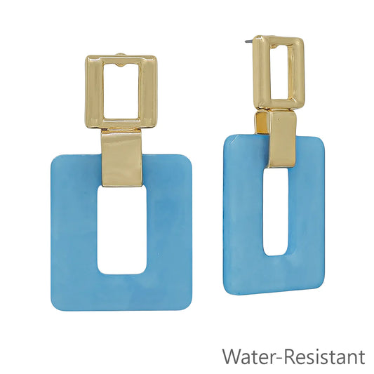 Gold and blue rectangular geometric statement earrings, water-resistant design