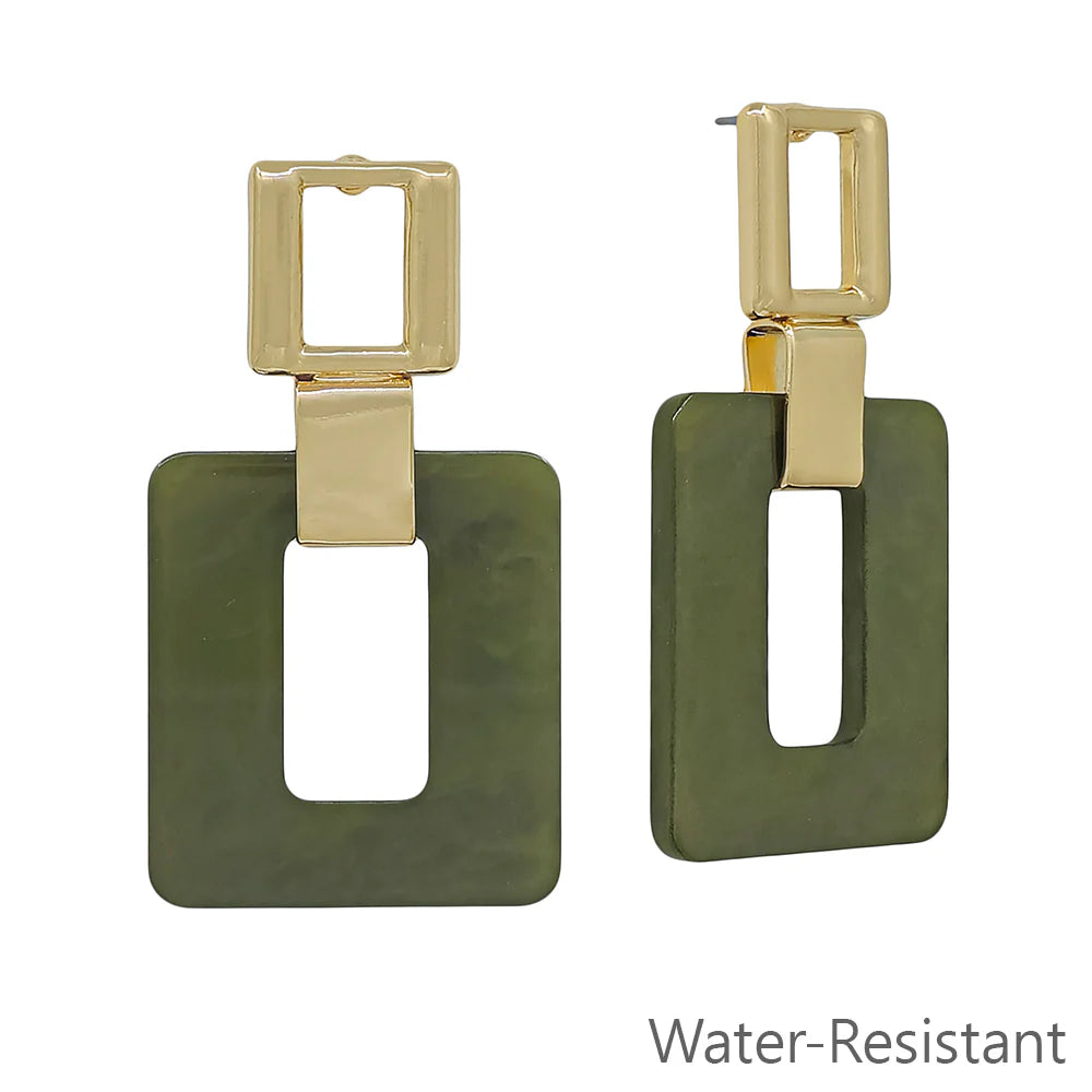 Olive green and gold geometric rectangular dangle earrings, water-resistant jewelry