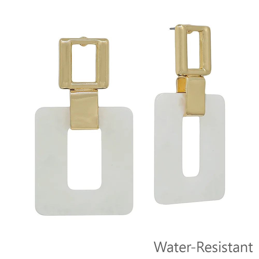 Geometric gold and white rectangular drop earrings, water-resistant jewelry