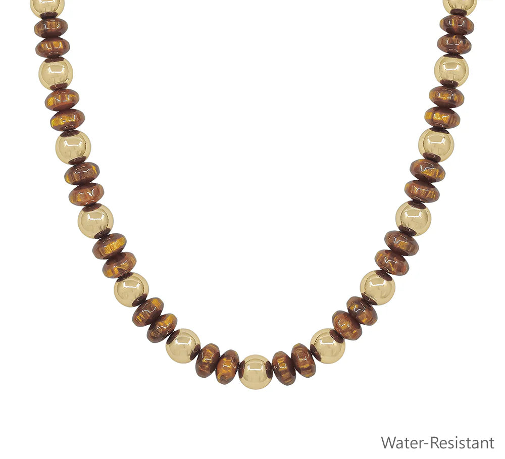 Gold and brown beaded necklace with round and disc beads, water-resistant jewelry