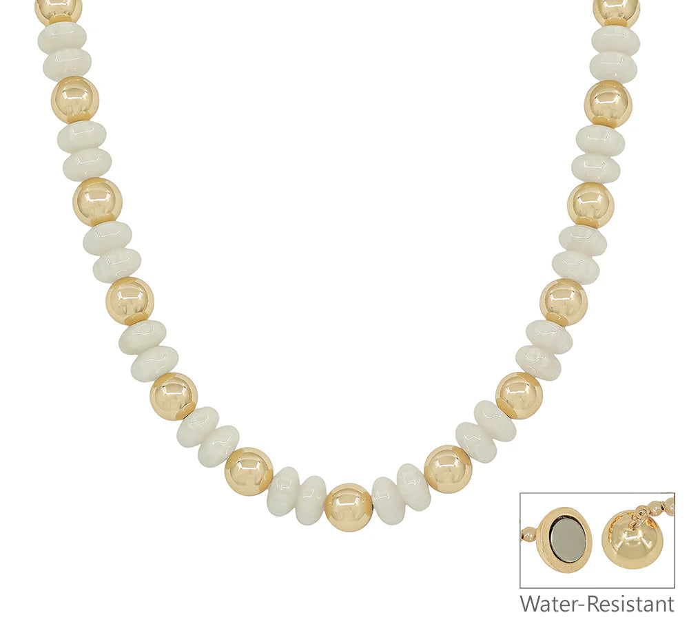 White and gold bead necklace with round clasp, water-resistant jewelry