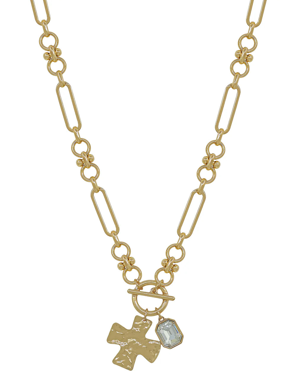 Gold chain necklace with hammered cross pendant and clear gemstone charm