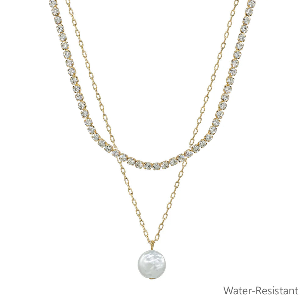 Gold Rhinestone with Freshwater Pearl and Rhinestone Layered 16"-18"Necklace