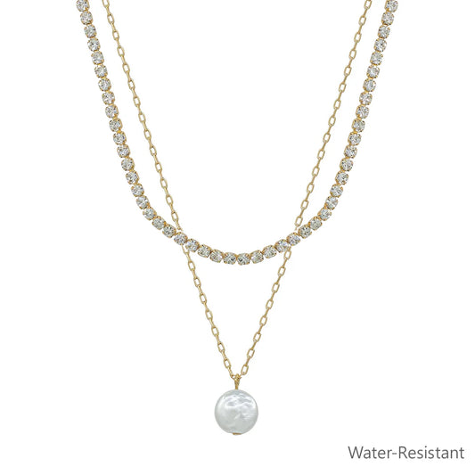 Gold Rhinestone with Freshwater Pearl and Rhinestone Layered 16"-18"Necklace
