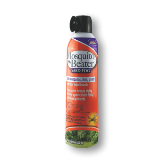 Mosquito Beater Yard Fog insecticide spray can with orange label and trigger nozzle