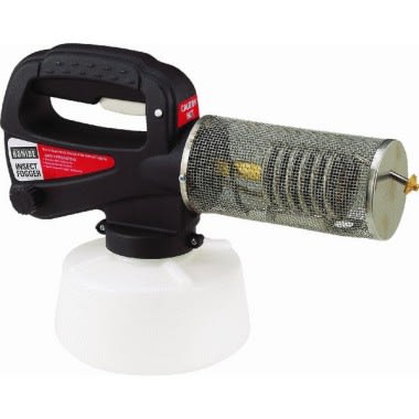 Handheld mosquito fogger with black handle, metal mesh barrel, and white plastic tank