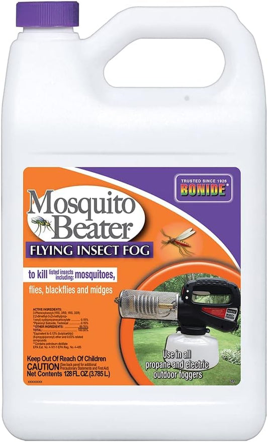 Mosquito Beater Flying Insect Fog 128 fl oz jug for use in propane and electric foggers, kills mosquitoes, flies, blackflies, midges.