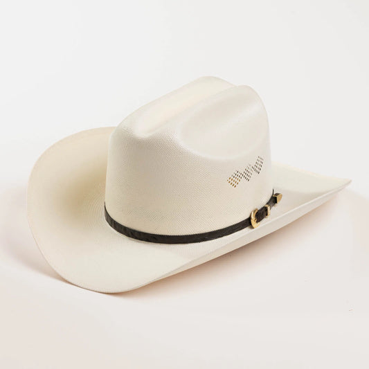 An off-white cowboy hat with a black band and gold buckle, photographed on a clean white background.