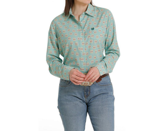 Women's Green Print Arena Flex Long Sleeve Western Shirt - MSW9163011