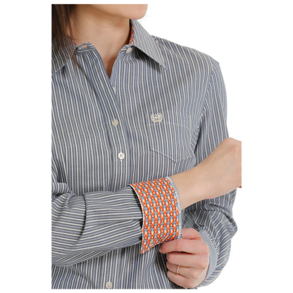 Women's TENCEL™ Stripe Button-Down Western Shirt - White / Blue - MSW9164196