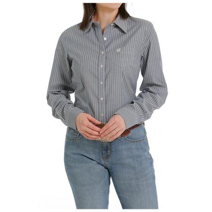 Women's TENCEL™ Stripe Button-Down Western Shirt - White / Blue - MSW9164196
