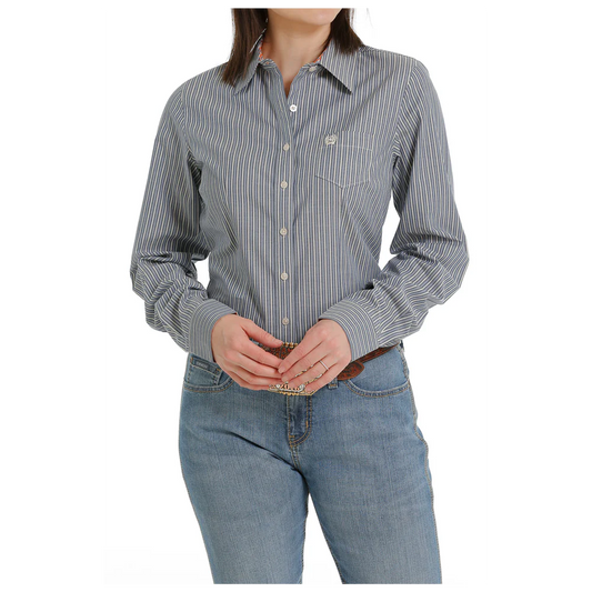 Women's TENCEL™ Stripe Button-Down Western Shirt - White / Blue - MSW9164196