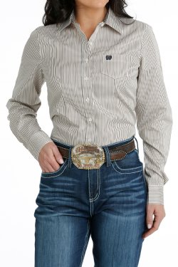 Women's TENCEL™ Stripe Button-Down Western Shirt - White / Burgundy / Pink - MSW9164211
