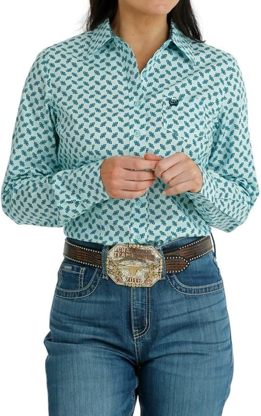 Women's CINCH Light Blue Print Long Sleeve Button-Down Western Shirt - MSW9164215