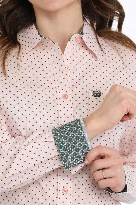 Women's Geometric Print Button-Down Western Shirt - Pink