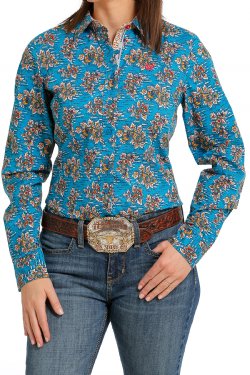 Women's Long Sleeve Print Blue Shirt - STYLE MSW9165033