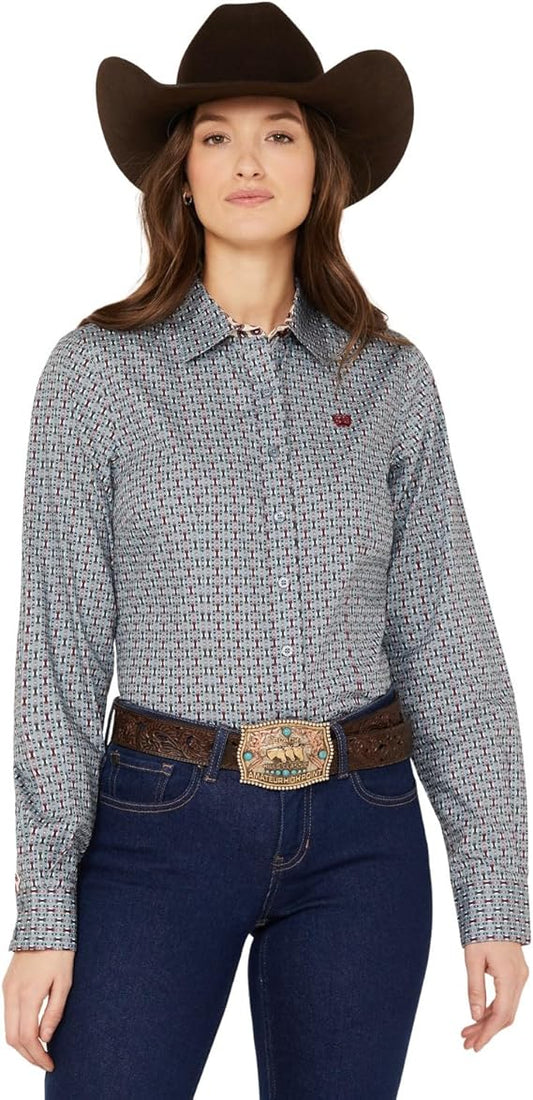 Women's Long Sleeve Light Blue Print Shirt - STYLE MSW9165037