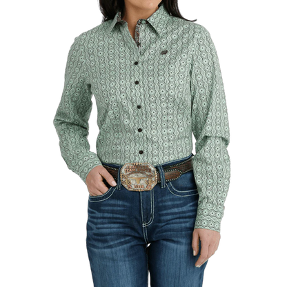 Women's Green Western Printed Button Down Shirt MSW9165043